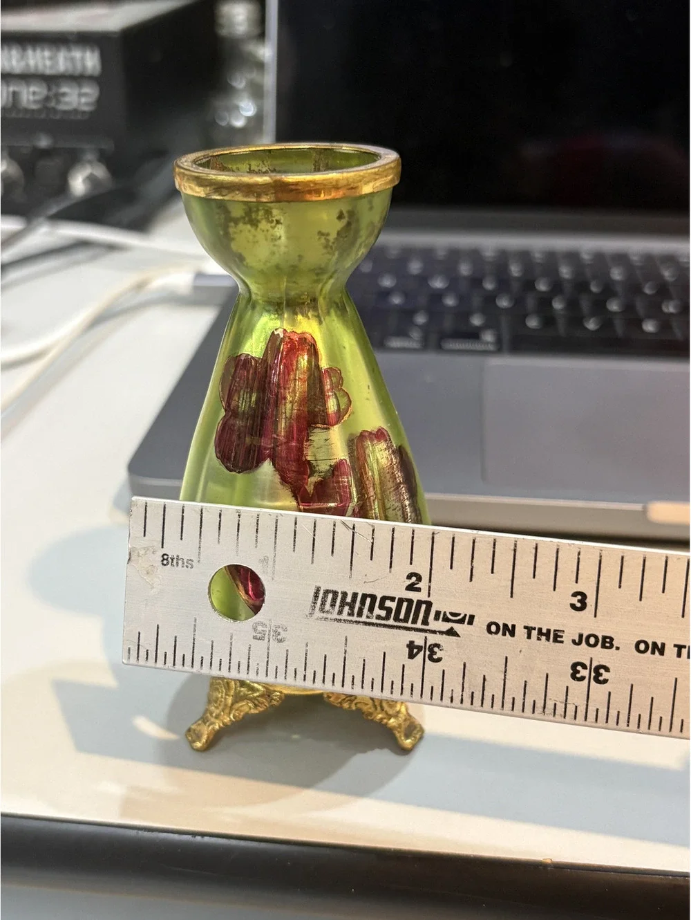 Vintage Green Glass Vase with Gold Trim and Floral Design